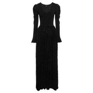 PINKO black maxi dress fringed evening gown with long sleeves